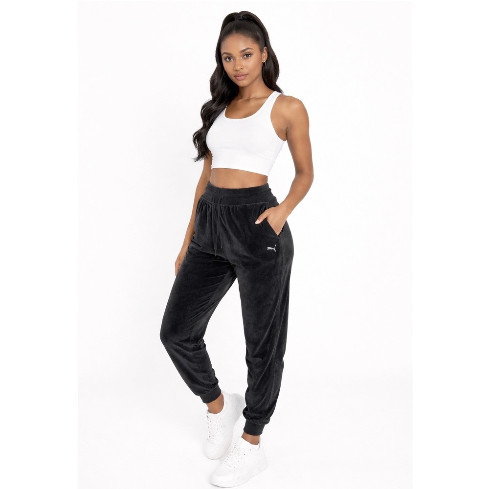 Puma Velour Joggers Black Tapered Sweatpants Drawstring Ribbed Cuffs XL 104-39